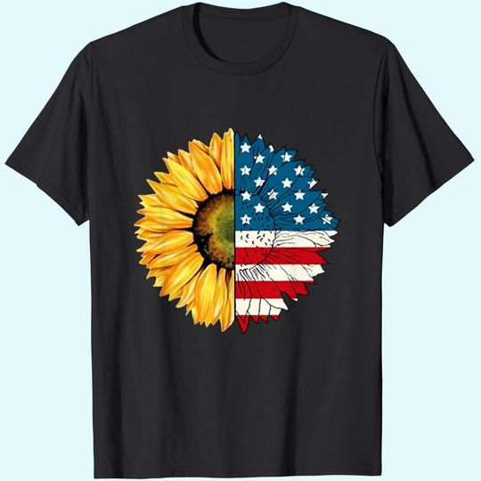 HoneyGod 4Th July American Patriotic Flower T-Shirt Sunflower American Flag Shirt Graphic Crew Neck Short Sleeve Tees