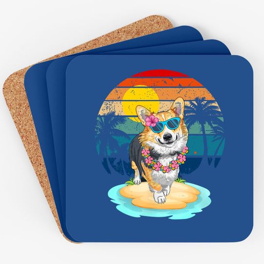 Beach Tropical Summer Vacation Corgi Dog Lover Vintage Coaster