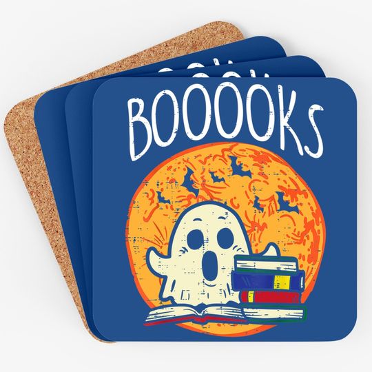 Boooks Moon Ghost Halloween Bookworm Librarian Teacher Book Coaster