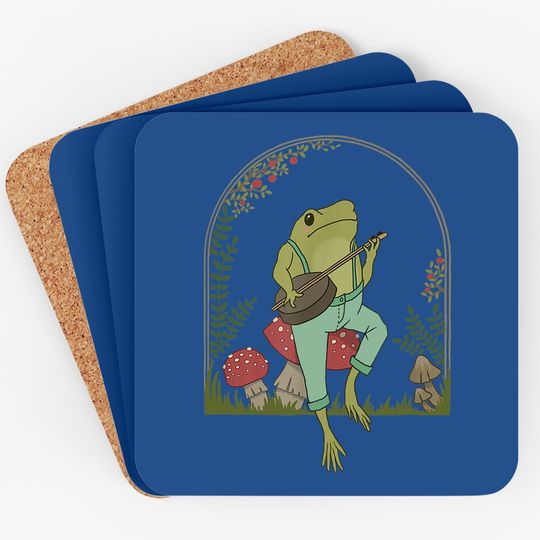 Cottagecore Aesthetic Frog Playing Banjo On Mushroom Coaster