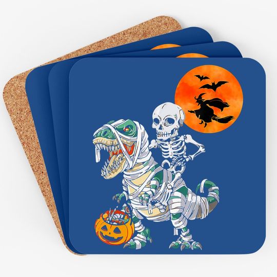Skeleton Riding T Rex Dinosaur Mummy, Pumpkin Halloween Coaster