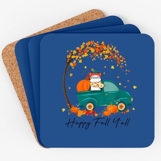 Happy Fall Y'all Pumpkin Pickup Truck Cat Kitty Thanksgiving Coaster