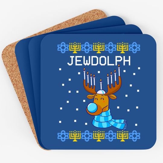 Jewdolph Ugly Hanukkah Sweater Reindeer Menorah Chanukah Coaster