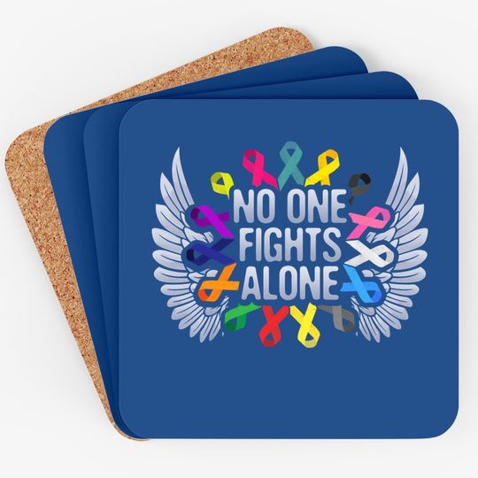 No One Fights Alone Multicolor Ribbon For Cancer Awareness Coaster