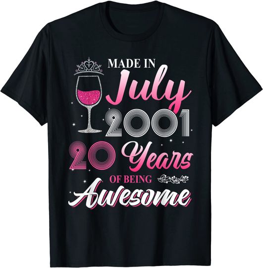 20th Birthday Floral Wine Pearl Queens Born In July 2001 T-Shirt