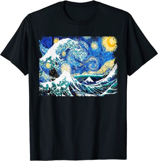 Starry Night and Great Wave Van Gogh Art Painting T Shirt
