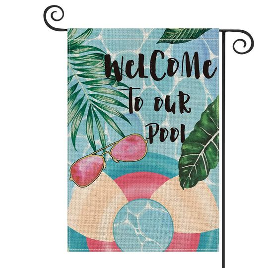 AVOIN Watercolor Swimming Ring Monstera Welcome To Our Pool Garden Flag Vertical Double Sized, Summer Holiday Yard Outdoor Decoration 12.5 x 18 Inch