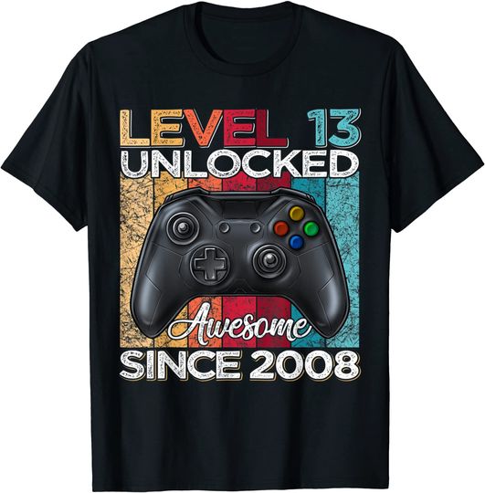 Level 13 Unlocked Awesome Since 2008 13th Birthday Gaming T-Shirt