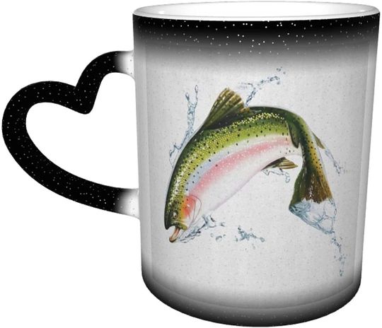 Color Changing Mug Coffee Mug,Salmon Jumping Out Of Water Making Splashes Cartoon Design Photorealistic Airbrush,Ceramic Heat Sensitive Cup Personalized Gifts for Family Lovers Friends