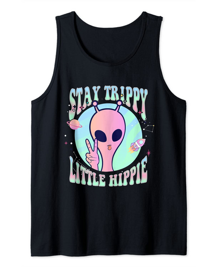 Stay Trippy Little Hippie Art Peace Sign Hand UFO Pink Alien Tank Top