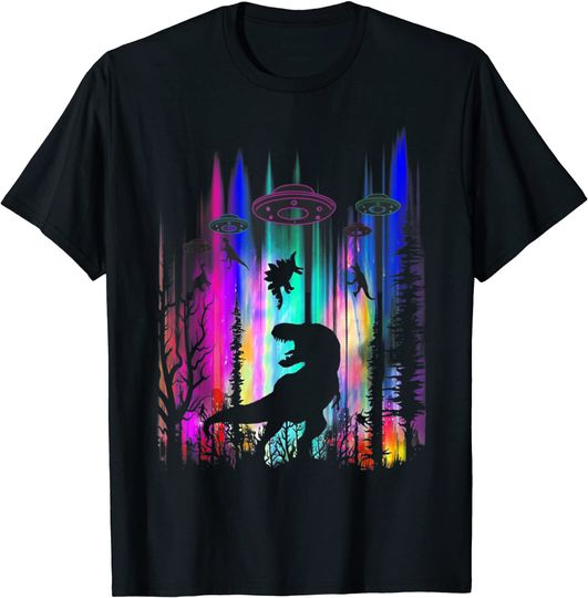 Alien UFO T Rex Abduction Colorful Forest T Shirt