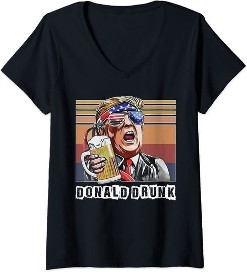 Womens Donald Drunk American Flag Patriotic V-Neck T-Shirt