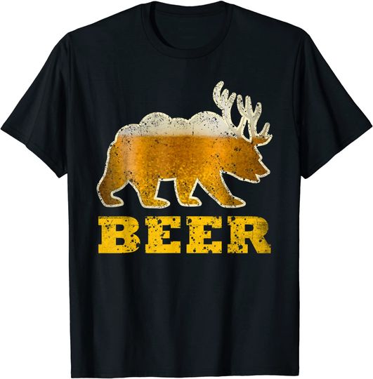 Vintage Bear Deer Funny Retro Drinking Beer T-Shirt