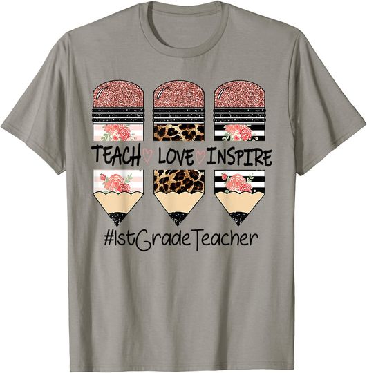 Teach Love Inspire 1st Grade Teacher Crayon T-Shirt