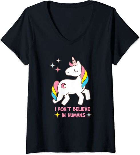 Womens I Don't Believe In Humans - Unicorn Magical Quote V-Neck T-Shirt