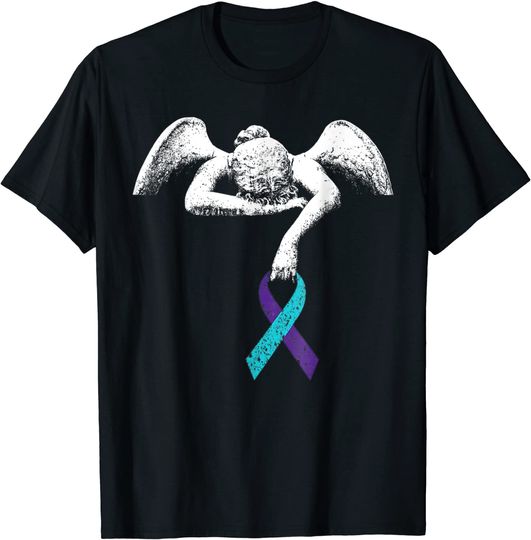 Angel Holds Teal Purple Ribbon Suicide Prevention Awareness T-Shirt