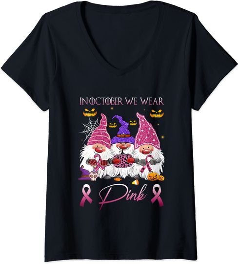 Womens In October We Wear Pink Cute Gnome Breast Cancer Awareness V-Neck T-Shirt