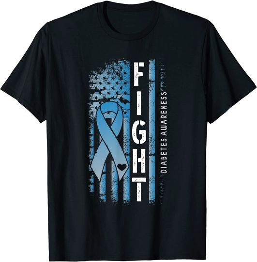 Distressed USA Flag White Blue Ribbon Fight Diabetes Aware T-Shirt