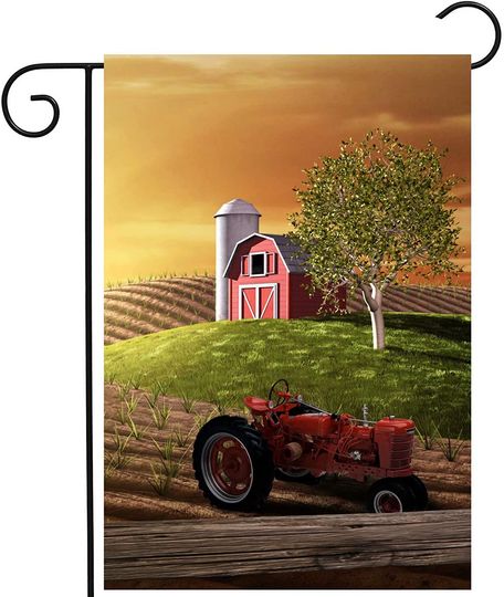Agriculture Farm Spring Morning with Barn and Tractor Sunrise Garden Yard Flag Polyester