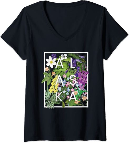 Flowers of Alaska Word Art - Alaskan Pride V-Neck T-Shirt