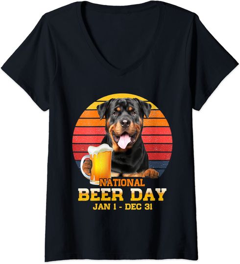 Womens Funny Rottweiler Drink Beer Rottie Lover National Beer Day V-Neck T-Shirt