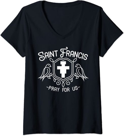 St Francis of Assisi Patron Saint Animals Birds San Damiano V-Neck T-Shirt