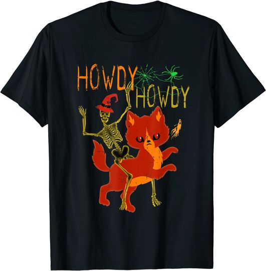 Howdy Howdy Riding Skeleton with Cat Halloween Funny Western T-Shirt