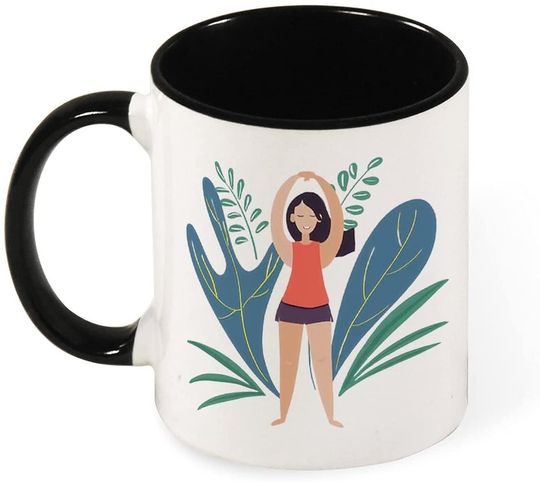 Girl Doing Yoga Pose Leaves - Ceramic Travel Coffee Tea Mug Cup with Pattern Happy Birthday Gift for Mother Father Day Parents Friends Office Study Colorful Red