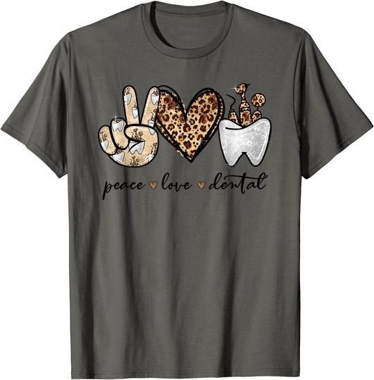 Peace Love Dental Leopard Heart Teeth Cute Dentist T Shirt