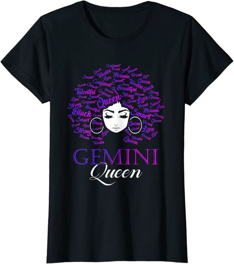 Womens Black Womens Afro Hair Gemini Queen Birthday T Shirt