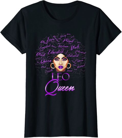 Womens Leo Girl Womens Purple Afro Queen Black Zodiac T Shirt