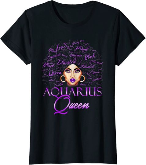 Aquarius Girl Womens Purple Afro Queen Black Zodiac T Shirt