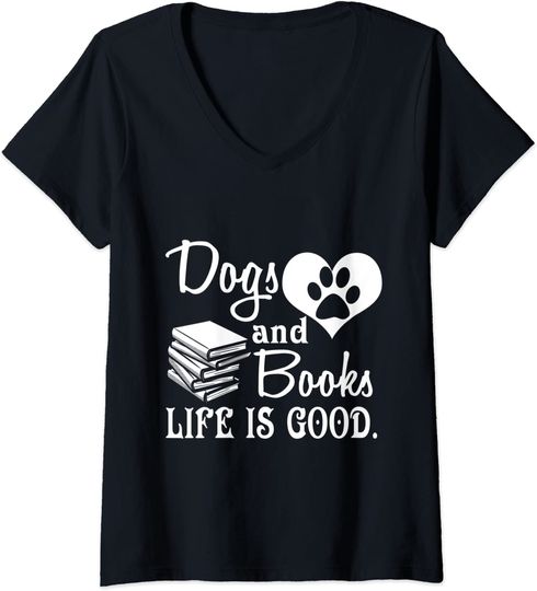 Dog And Books Are Good - Cute Animal Tee V-Neck T-Shirt
