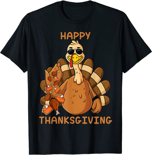 Happy Thanksgiving Turkey Throwing Food Boys Kids T-Shirt