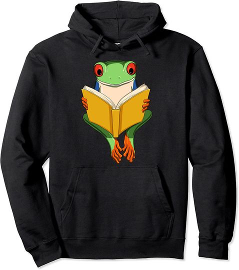 Red Eyed Tree Frog Read Book Pullover Hoodie