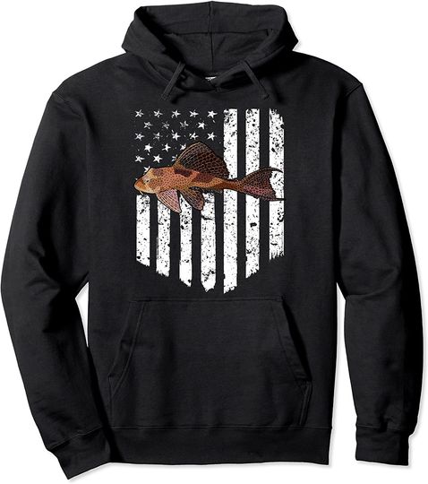 Black White American Flag Plecostomus 4th Of July Fish Pullover Hoodie
