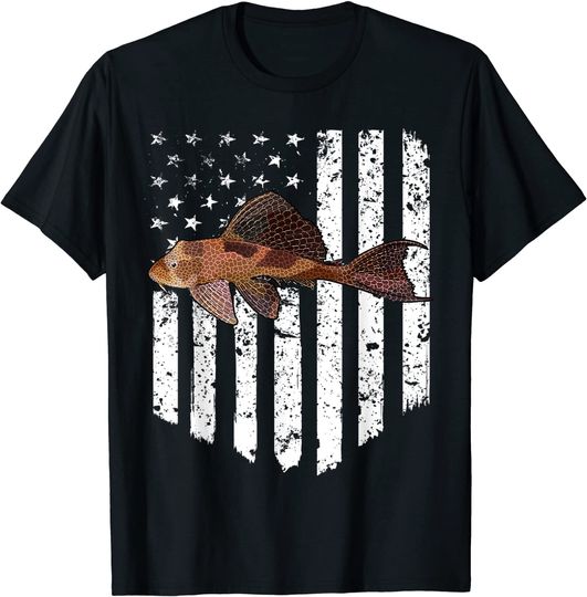 Black White American Flag Plecostomus 4th Of July Fish T-Shirt
