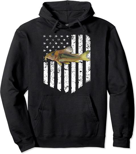 Black White American Flag Corydoras Catfish 4th Of July Fish Pullover Hoodie