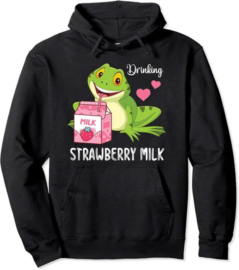 Frog Strawberry Milk Retro 90s Kawaii Pullover Hoodie