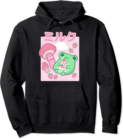 Frog Strawberry Retro 90s Kawaii Aesthetic Pullover Hoodie