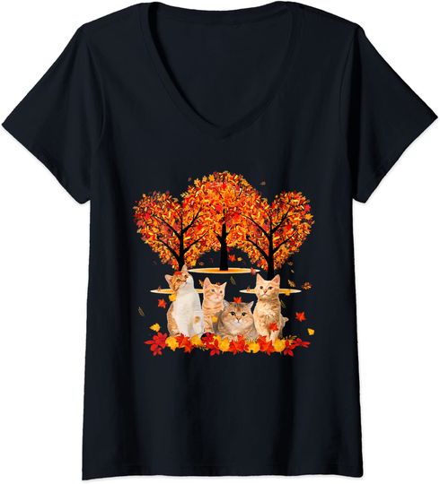 Maple Cat Heart Shape Tree Leaf Fall Hello Autumn Kitty Gift V-Neck T-Shirt