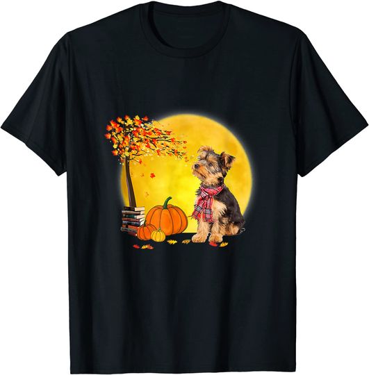 Yorkie Dog Leaf Fall Hello Autumn Thanksgiving T-Shirt