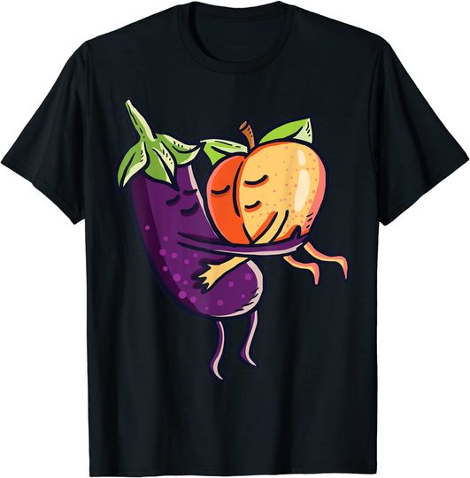 Peach and Eggplant Hugging and Kissing Fruit Emoji Couple T-Shirt