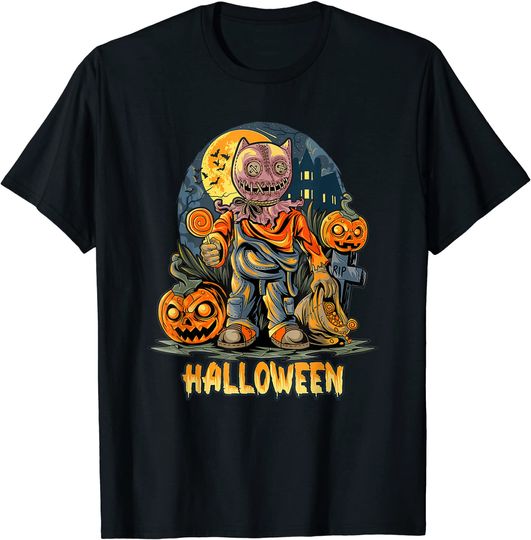 Scary Scarecrow Holding Pumpkins Candy Halloween Costume T-Shirt