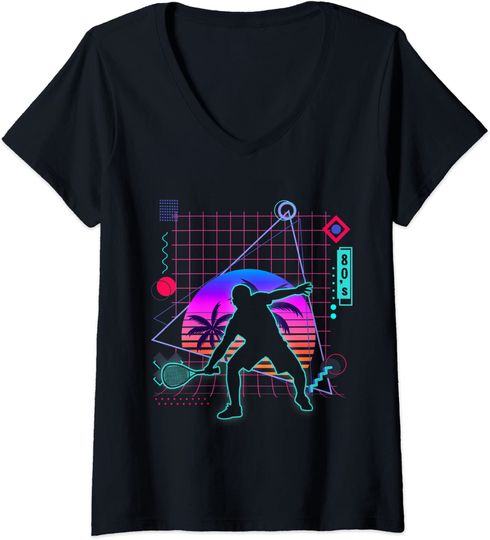 Squash Player Aesthetic Vaporwave 80s Style Squash Lover V-Neck T-Shirt