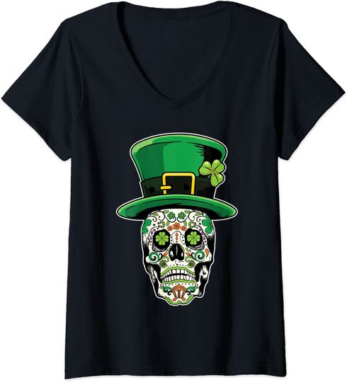 Sugar Skull Saint Patricks Day of Dead V-Neck T-Shirt
