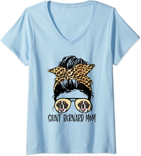 Saint Bernard Mom Messy Bun Hair Leopard V-Neck T-Shirt