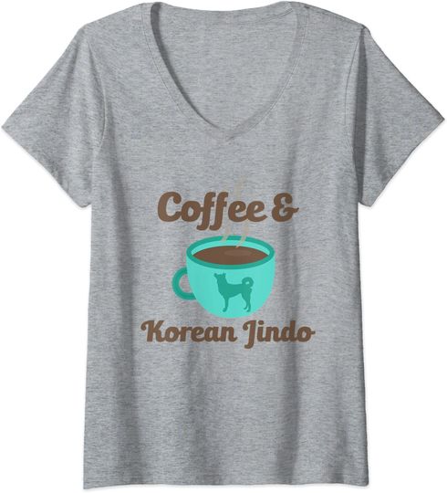 Coffee And Korean Jindo Dog Owner Pet Love Doggo Puppy V-Neck T-Shirt