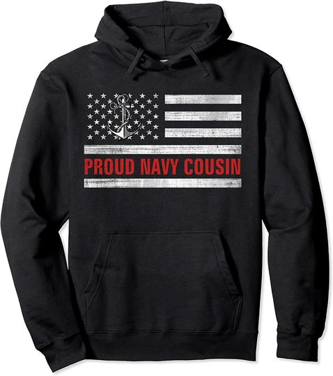 Vintage American Flag Proud Navy Cousin Veteran Day Pullover Hoodie