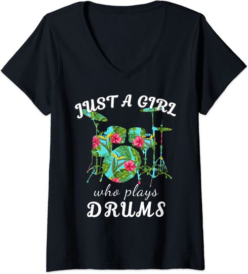 Just A Girl Who Plays Drums Tropical Flower Summer V-Neck T-Shirt